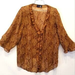 Sheer Blouse Brown Tan V- Neck  Tunic Top Plus Size 2X